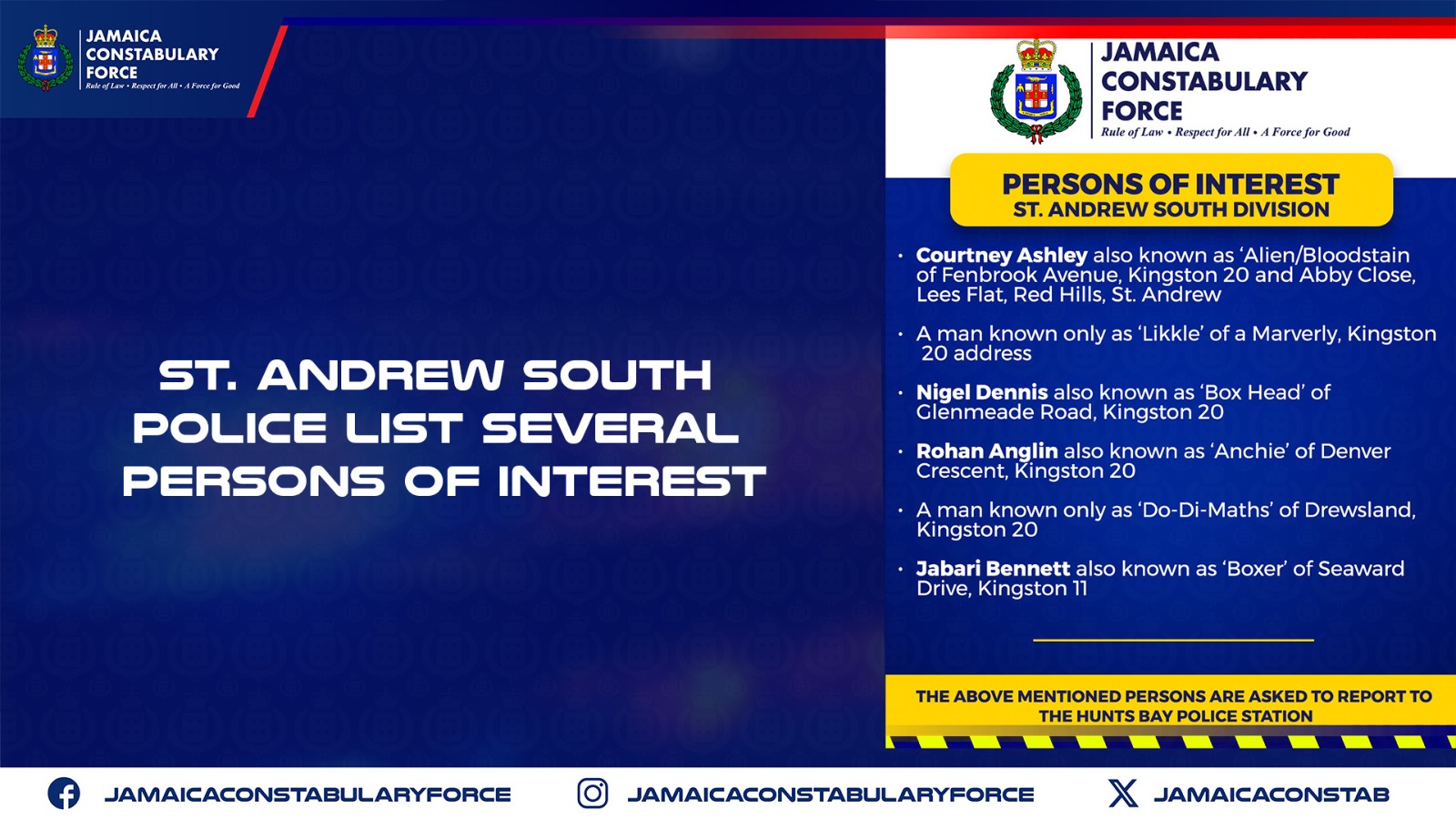 St. Andrew South Police List Several Persons of Interest - Jamaica